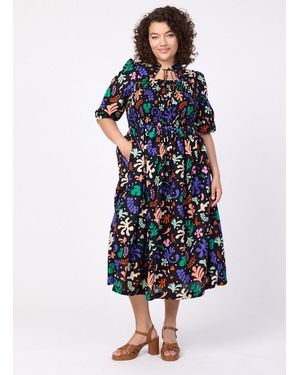 Joanie Clothing Jesse Modern Art Cut Out Print Tie Neck Midi Dress- Uk - Blue