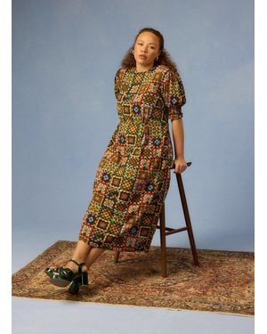 Joanie Clothing Flora Granny Square Print Puff Sleeve Midaxi Dress- Uk - Brown