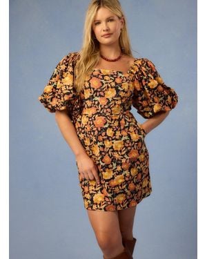 Joanie Clothing Penny Jacobean Floral Print Square Neck Puff Sleeve Dress- Uk - Orange