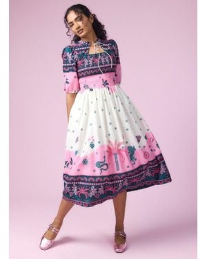 Joanie Clothing Jesse Palm Tree Print Tie Neck Midi Dress- Uk - Pink