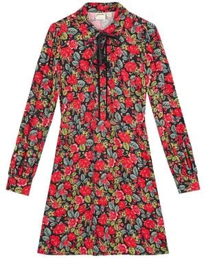 Joanie Clothing Paulina Antique Rose Print Tie Neck Mini Dress- Uk - Red