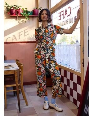 Joanie Clothing Mork Retro Floral Print Short Sleeve Boilersuit - Brown