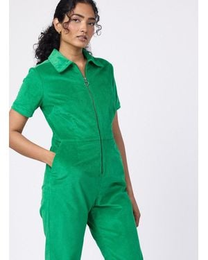 Joanie Clothing Robin Short Sleeve Corduroy Boilersuit - Green