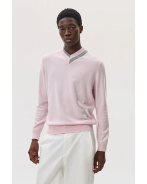 Johnstons of Elgin Cashmere V Neck With Striped Trim - Pink