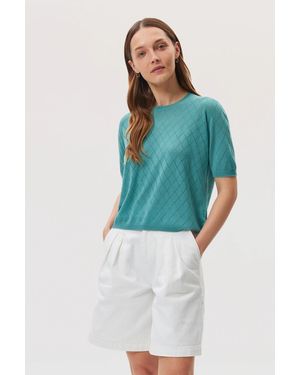 Johnstons of Elgin Superfine Merino Pointelle Argyle T-Shirt - Blue