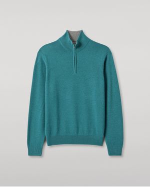 Johnstons of Elgin Rory & Classic Cashmere Contrast Zip Neck Jumper - Blue