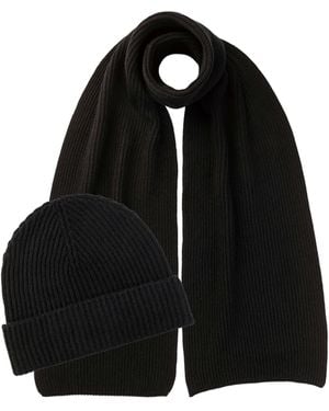 Johnstons of Elgin Ribbed Cashmere Scarf & Beanie Gift Set - Black