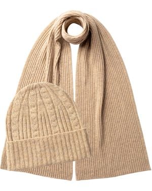 Johnstons of Elgin Cable Cashmere Scarf & Beanie Gift Set - Natural