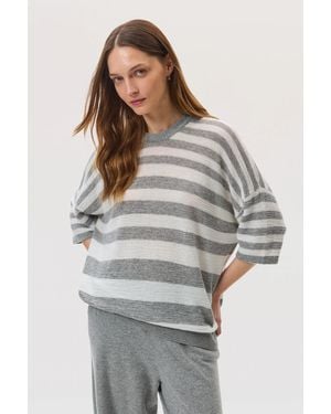 Johnstons of Elgin Textured Stripe Oversized Cashmere T-Shirt - Grey