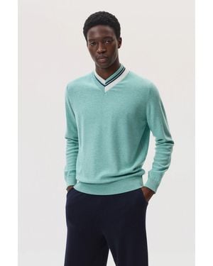 Johnstons of Elgin Cashmere V Neck Jumper With Striped Trim - Green