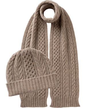 Johnstons of Elgin Aran Cashmere Natural Hat & Scarf Gift Set - Brown