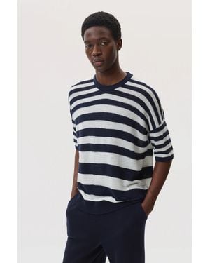 Johnstons of Elgin Textured Stripe Oversized Cashmere T-Shirt - Blue