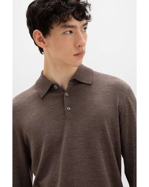 Johnstons of Elgin Merino Long Sleeve Poloshirt - Brown