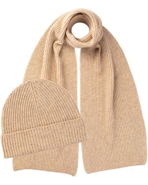 Johnstons of Elgin Ribbed Cashmere Scarf & Beanie Gift Set - Natural