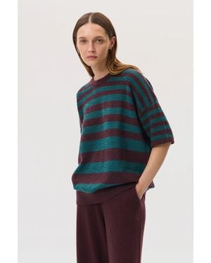 Johnstons of Elgin Textured Stripe Oversized Cashmere T-Shirt - Blue