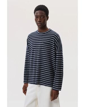 Johnstons of Elgin Cashmere Jersey Stripe Dark Oversized T-Shirt - Blue
