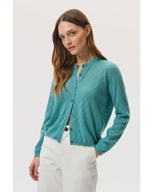 Johnstons of Elgin Superfine Merino Pointelle Argyle Cardigan - Blue