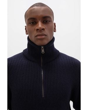 Johnstons of Elgin Ribbed Cashmere Dark Zip Neck Jumper - Blue