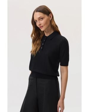 Johnstons of Elgin Superfine Merino Pointelle Argyle Polo Shirt - Black