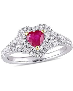 Amour Heart Shape Ruby And 2/ Ct Tw Diamond Double Halo Ring - Red