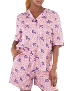 Burberry Tabi Equestrian Knight Tb Monogram Print Silk Pajama Shirt, Brand Size 6 (Us - Pink