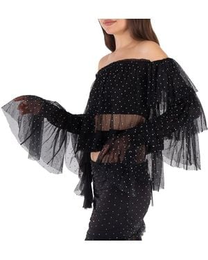 ROTATE BIRGER CHRISTENSEN Rhinestone-Embellished Ruffled Mesh Cropped Top - Black