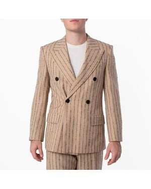 Burberry Striped Double-Breasted Wool-Mohair Blazer, Brand Size 50R Us - Natural