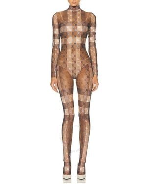 Burberry Check Turtleneck Stretch Tulle Bodysuit - Natural