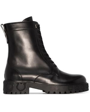 Ferragamo Gancini Heel Leather Combat Boots - Black