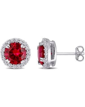 Amour 5 1/2 Ct Tgw Created Ruby Created Sapphire Circular Halo Stud Earrings - Red