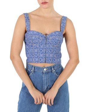 Moschino Ladies Fantasy Print Monogram Denim Cropped Top - Blue