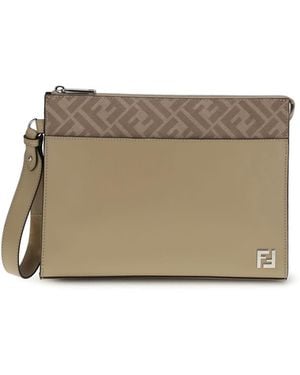 Fendi Leather And Ff Canvas Clutch - Natural