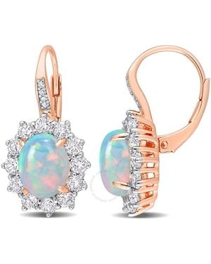 Amour 1 3/4 Ct Tgw Oval Shape Ethiopian Opal And Topaz And Diamond Accent Halo Leverback Earrings - Blue