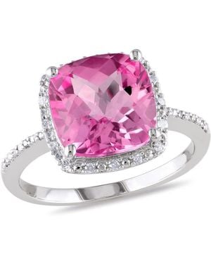 Amour 1/10 Ct Tw Diamond And 5 3/4 Ct Tgw Cushion Cut Created Sapphire Halo Ring - Pink