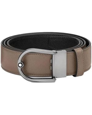 Montblanc Horseshoe Buckle Saffiano Printed Reversible Leather Belt - Black