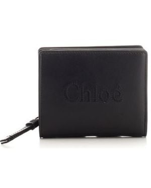Chloé Soft Leather Logo Embroidered Sense Compact Wallet - Black