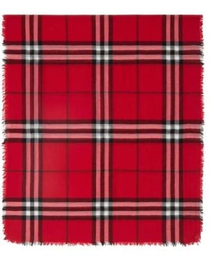 Burberry Wide Check Wool Fringed Scarf - Red
