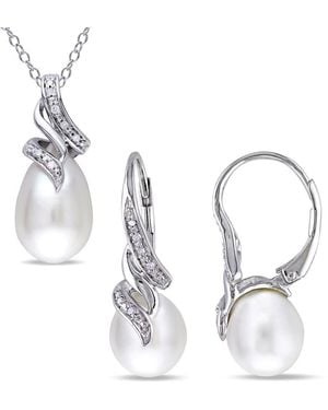 Amour 2 Piece Set Of 9-9.5 Mm Cultured Freshwater Pearl And 1/10 Ct Tw Diamond Twist Leverback Earrings And Pendant With Chain - Metallic