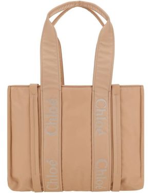 Chloé Woody Logo Medium Tote Bag - Natural