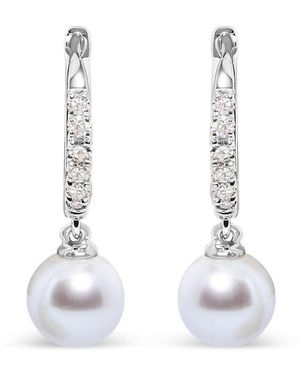Haus of Brilliance 10K 6X6 Mm Cultured Freshwater Pearl And Diamond Accent Drop Huggy Earring (H-I Colour, I1-I2 Clarity) - White