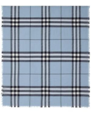 Burberry Wide Check Wool Fringed Scarf - Blue
