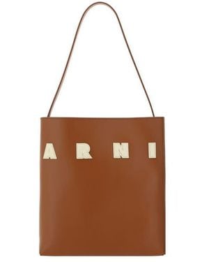 Marni Calf Leather With Signature Appliqu Shoulder Bag - Brown