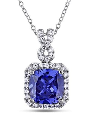 Amour 6 2/5 Ct Tgw Cushion Cut Simulated Tanzanite And Created Sapphire Halo Pendant With Chain - Blue