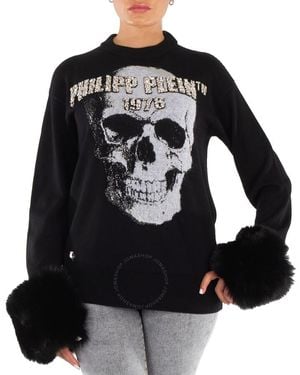 Philipp Plein Skull Embroidered Round Neck Pullover - Black