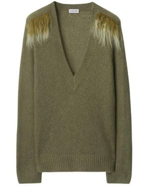 Burberry Wool Blend V-Neck Jumper With Shearling Detail - Green