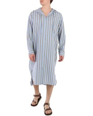 Milworks Stripe Granddad Hooded Long Shirt - Blue