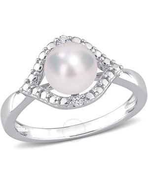 Amour 7-7.5Mm Freshwater Cultured Pearl And Created Sapphire Halo Ring - Metallic