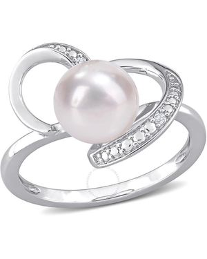 Amour 8-8.5Mm Freshwater Cultured Pearl And Diamond Accent Heart Ring - Metallic