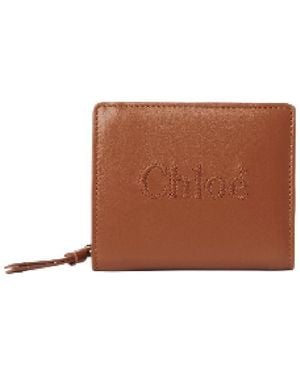 Chloé Soft Leather Logo Embroidered Sense Compact Wallet - Brown