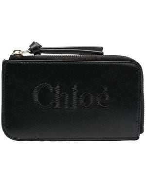 Chloé Logo Embroidered Sense Soft Leather Card Case - Black